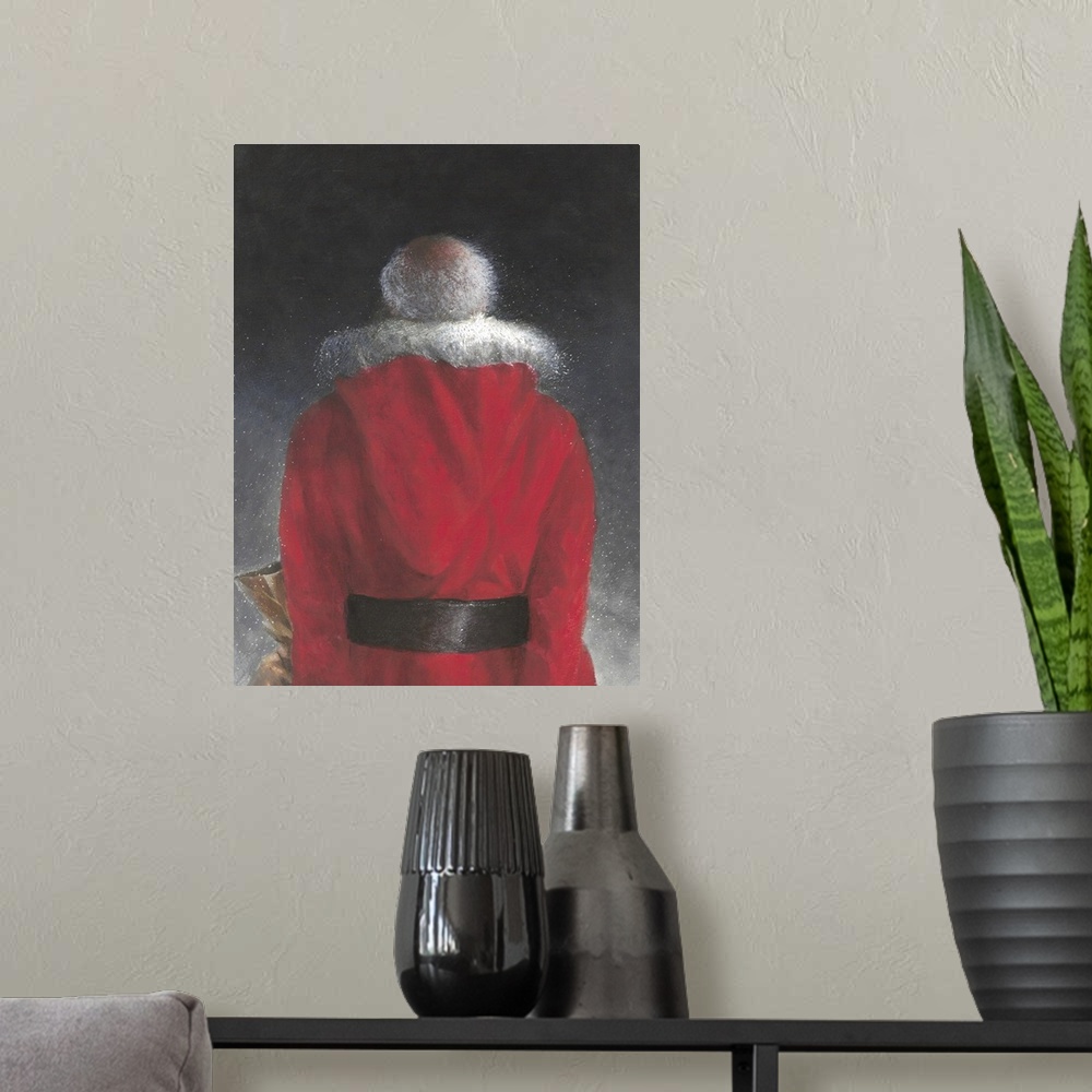 A modern room featuring Contemporary painting of a the rear view of a man in a red coat.
