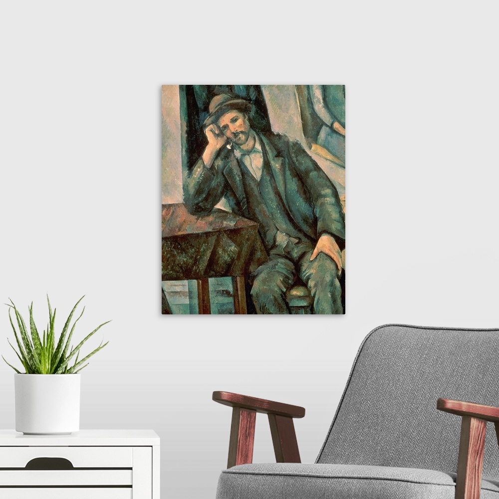 A modern room featuring BAL47691 Man Smoking a Pipe, 1890-92 (oil on canvas); by Cezanne, Paul (1839-1906); 91x72 cm; Pus...