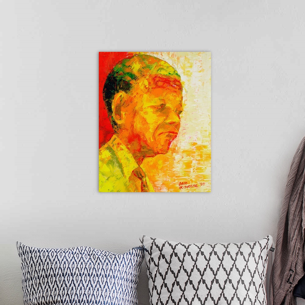 A bohemian room featuring Abstract painting with large brushstrokes that represents Nelson Mandela.