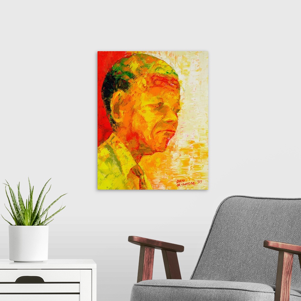 A modern room featuring Abstract painting with large brushstrokes that represents Nelson Mandela.