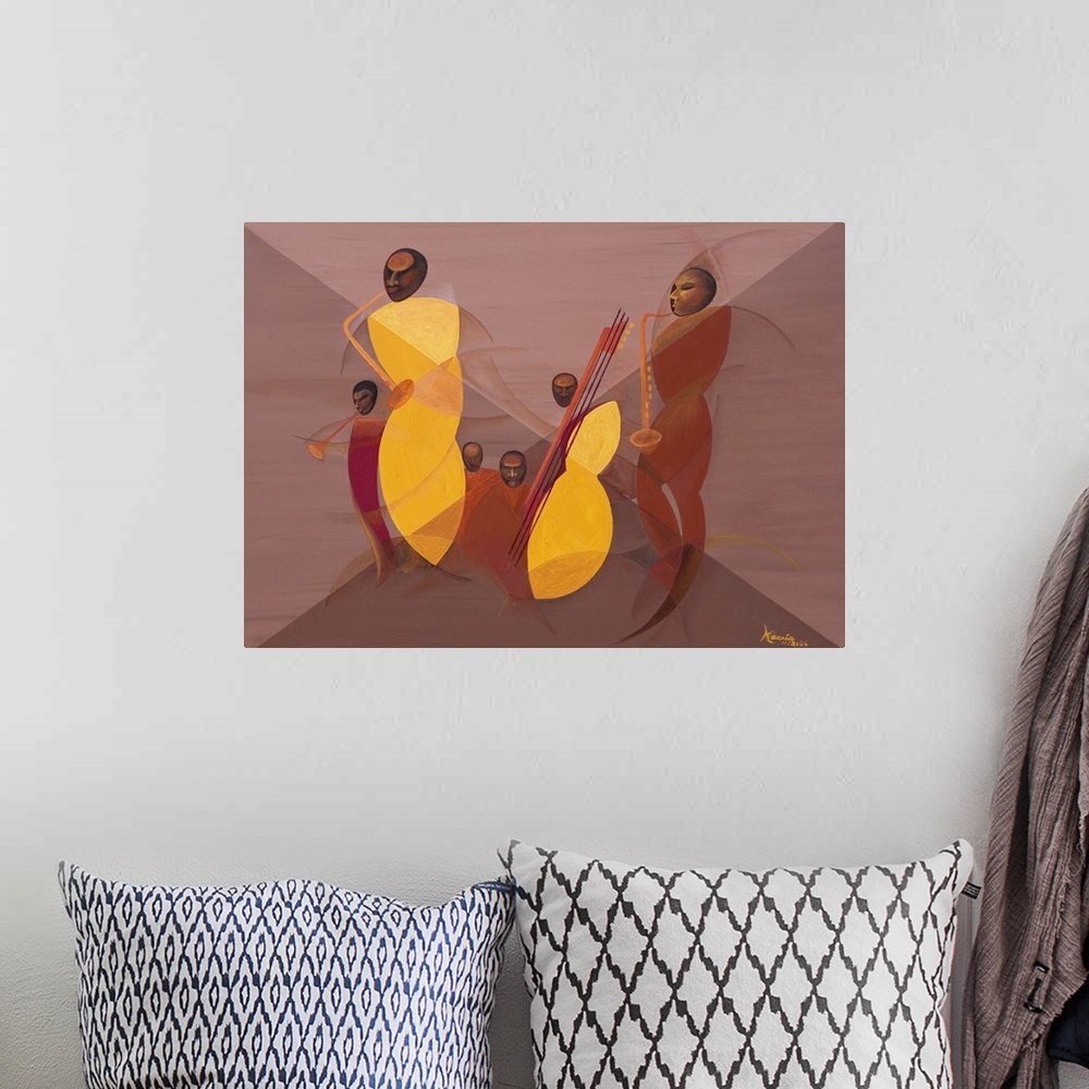 A bohemian room featuring Contemporary artwork by an African American artist of jazz musicians created with curving sculptu...
