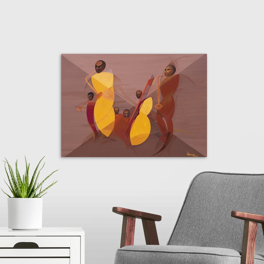 A modern room featuring Contemporary artwork by an African American artist of jazz musicians created with curving sculptu...