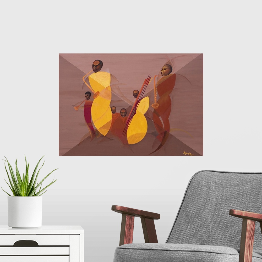 A modern room featuring Contemporary artwork by an African American artist of jazz musicians created with curving sculptu...