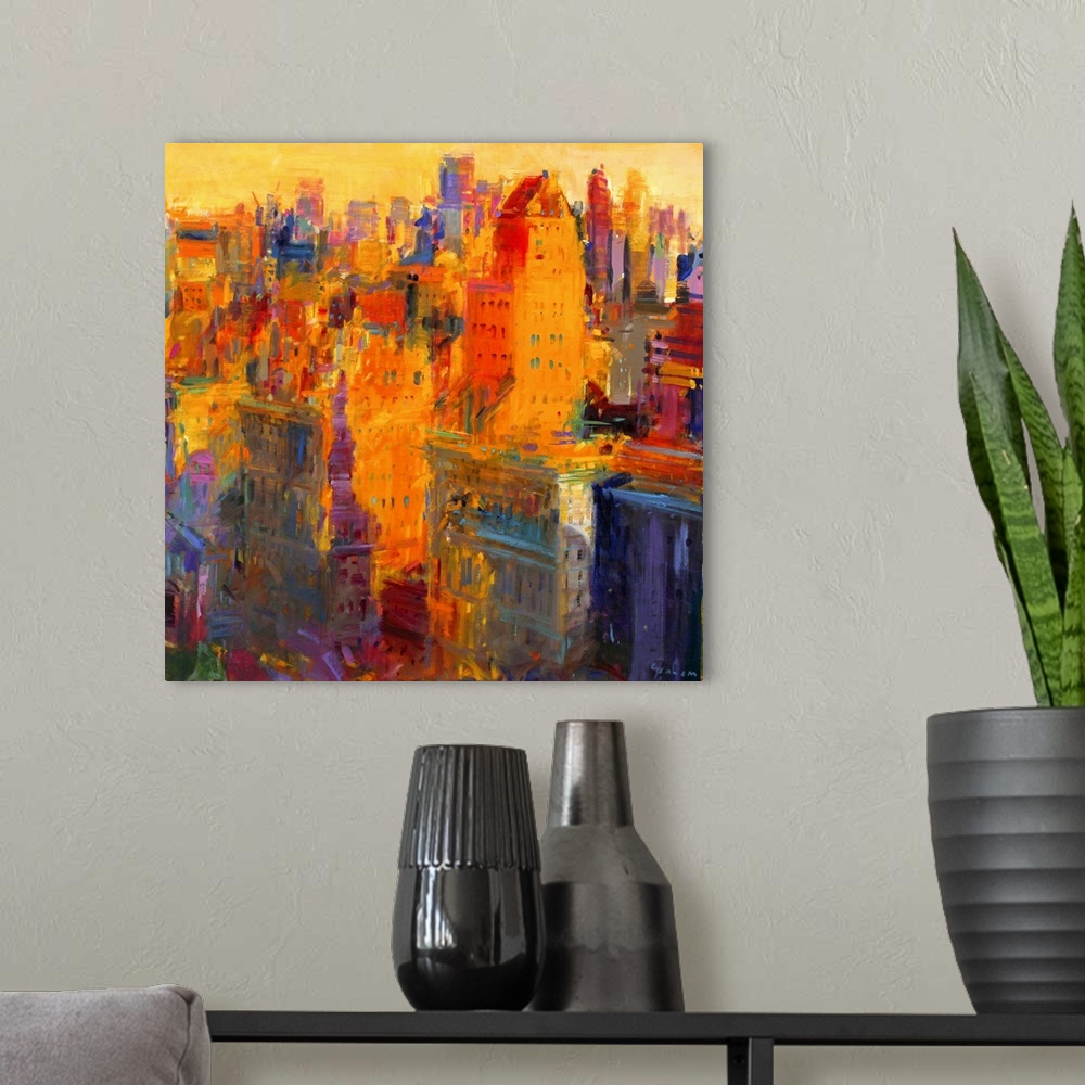 A modern room featuring Square contemporary abstract painting of buildings in NYC made up of large brush strokes.