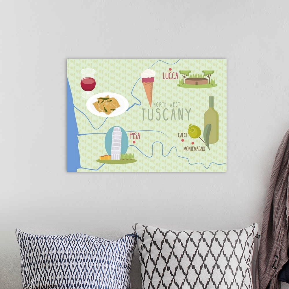 A bohemian room featuring Map Of Lucca And Pisa, Tuscany, Italy