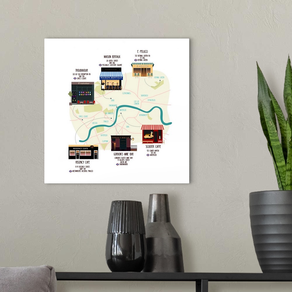 A modern room featuring Map Of Unique London Eateries And Bars