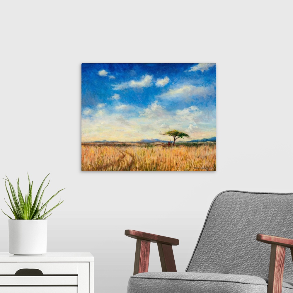 A modern room featuring Contemporary painting of a tree in the Kenyan landscape.