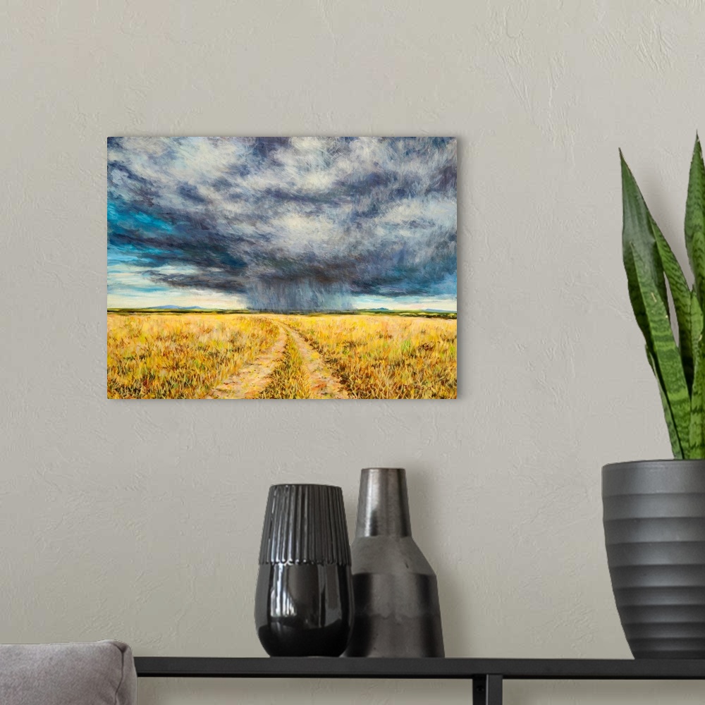 A modern room featuring Contemporary painting of a storm advancing over the Kenyan plains.