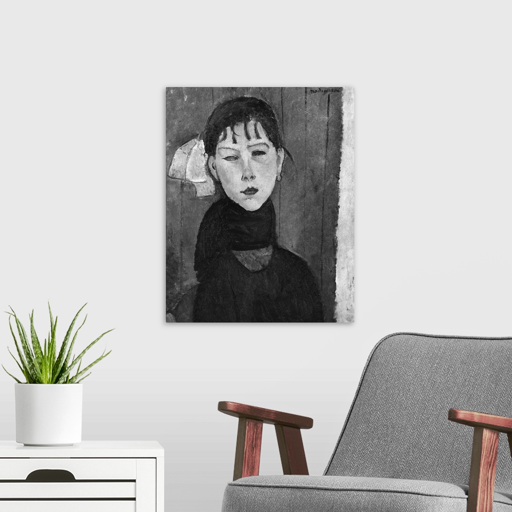 A modern room featuring XIR267175 Marie, young woman of the people (oil on canvas) (b/w photo) by Modigliani, Amedeo (188...