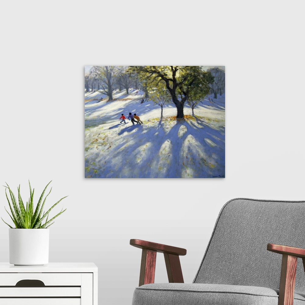 A modern room featuring Markeaton Park, early snow