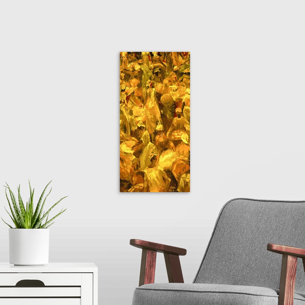 A modern room featuring Contemporary African American painting of a crowd of people in a busy marketplace, done in golden...