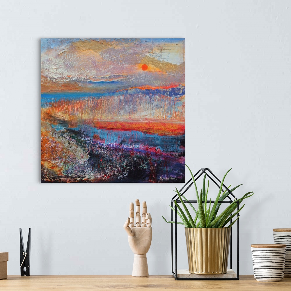 A bohemian room featuring Contemporary painting of an idyllic landscape at sunset.