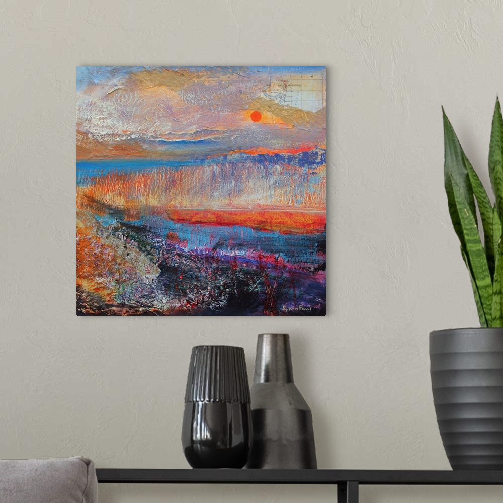 A modern room featuring Contemporary painting of an idyllic landscape at sunset.