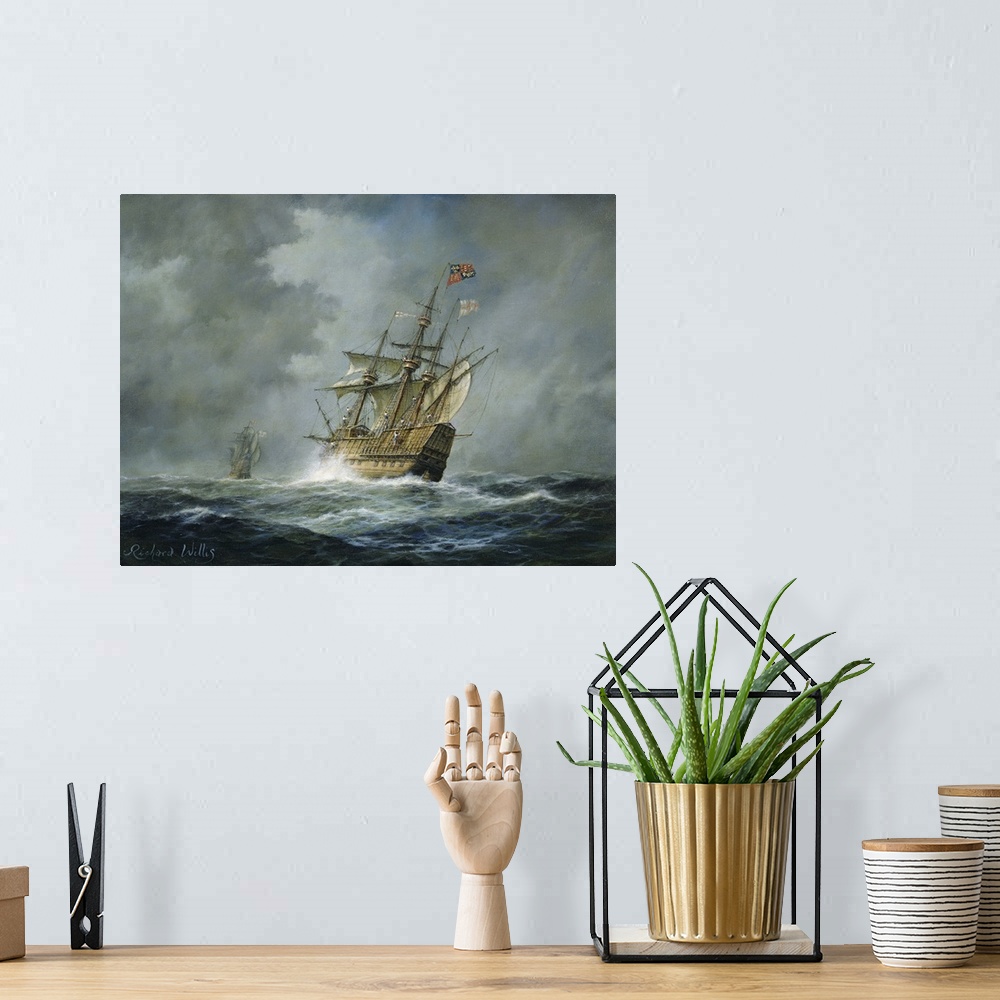 A bohemian room featuring Horizontal painting on a large wall hanging of the war ship Mary Rose tilting sideways in rough s...
