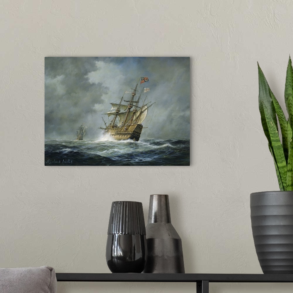 A modern room featuring Horizontal painting on a large wall hanging of the war ship Mary Rose tilting sideways in rough s...