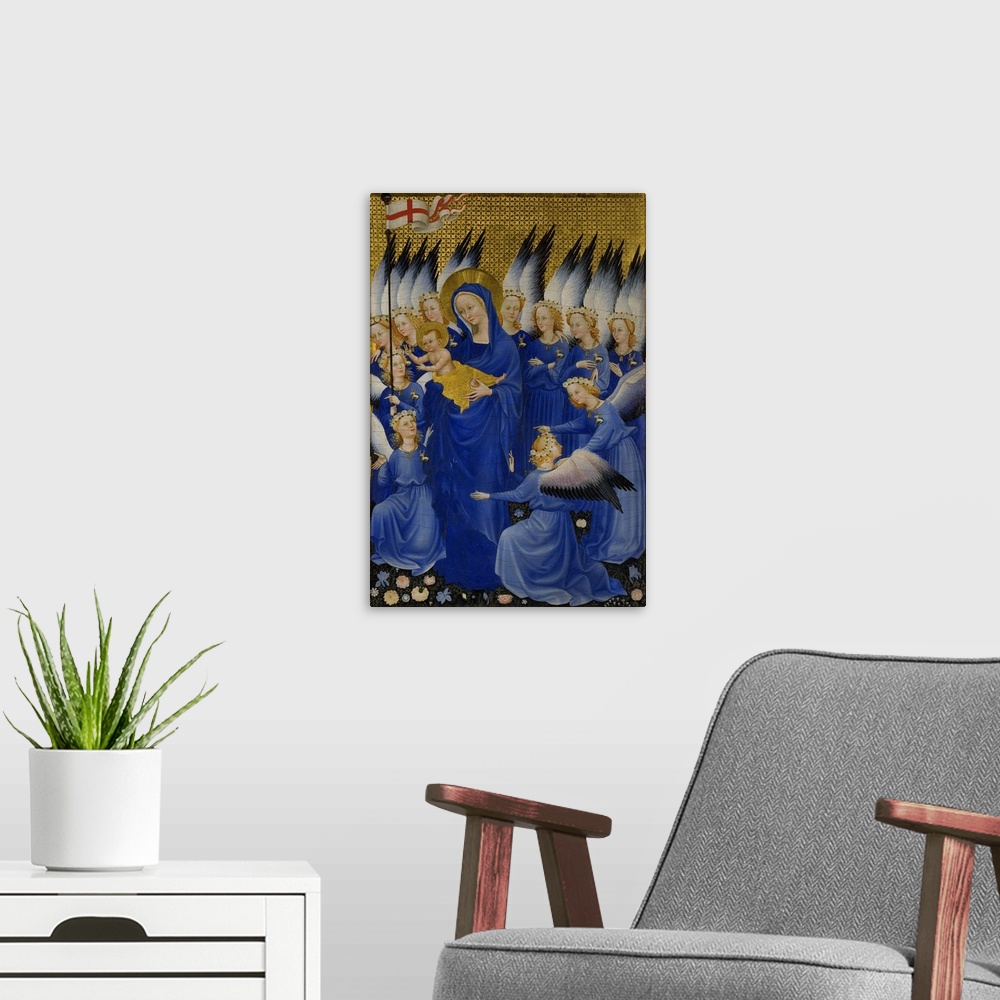 A modern room featuring Mary with Child and Angels, right panel of Wilton Diptych, c. 1395-9, egg tempera on wood.