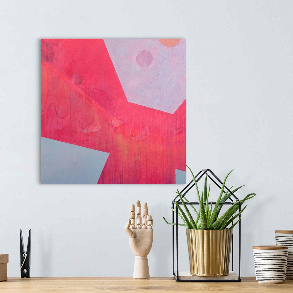 A bohemian room featuring Contemporary abstract painting in red tones.