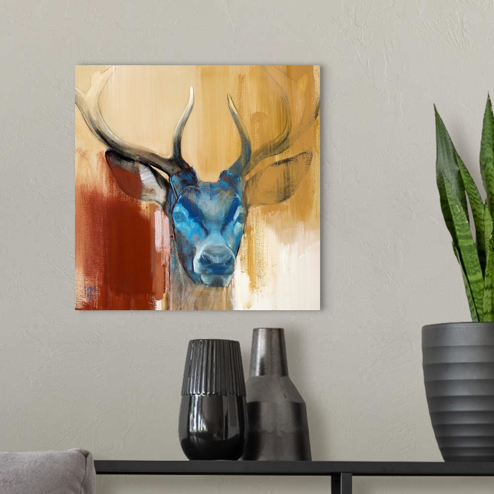 A modern room featuring Contemporary artwork of a stag with a blue face against an earthy background.
