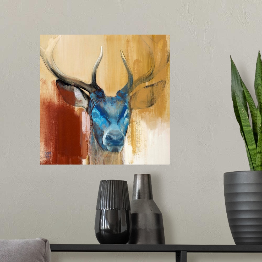 A modern room featuring Contemporary artwork of a stag with a blue face against an earthy background.
