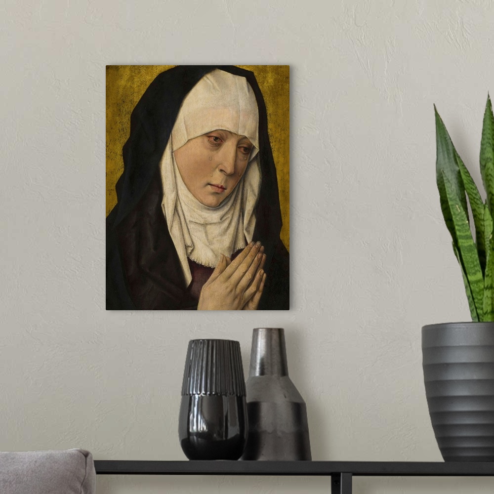 A modern room featuring Mater Dolorosa, Sorrowing Virgin, 1480-1500, oil on panel.