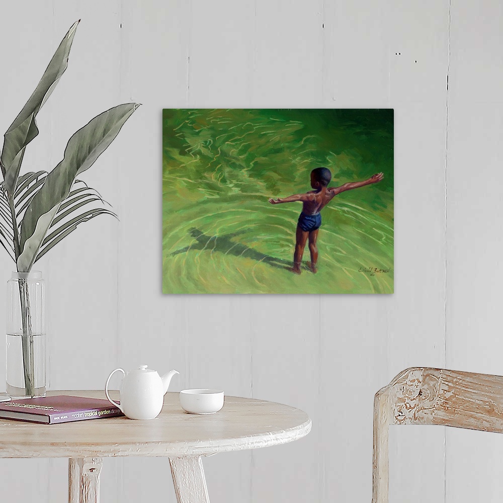 A farmhouse room featuring Contemporary painting of a young boy in shallow water looking at his shadow.