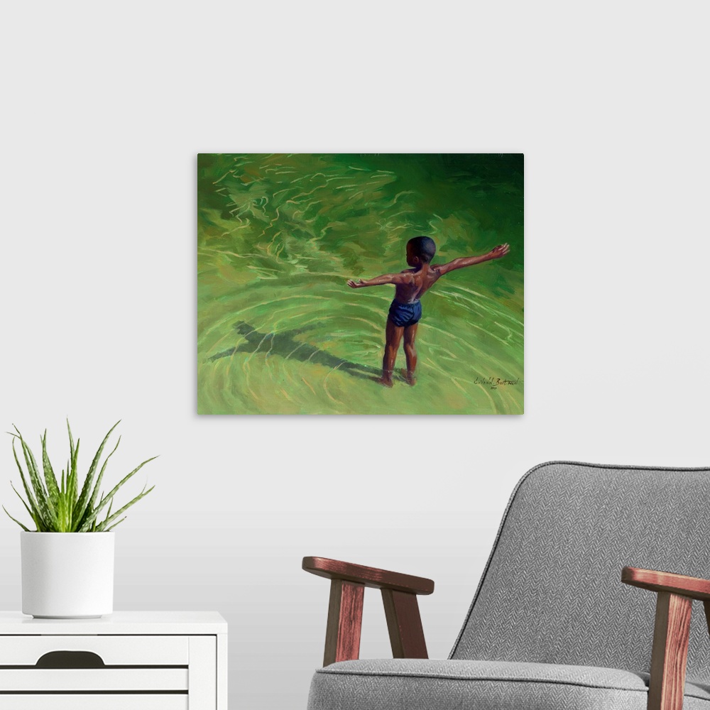 A modern room featuring Contemporary painting of a young boy in shallow water looking at his shadow.