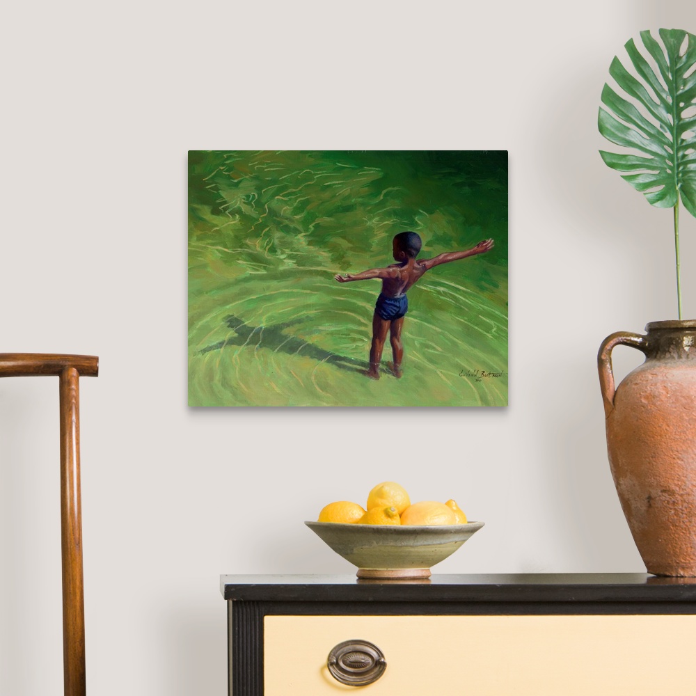 A traditional room featuring Contemporary painting of a young boy in shallow water looking at his shadow.