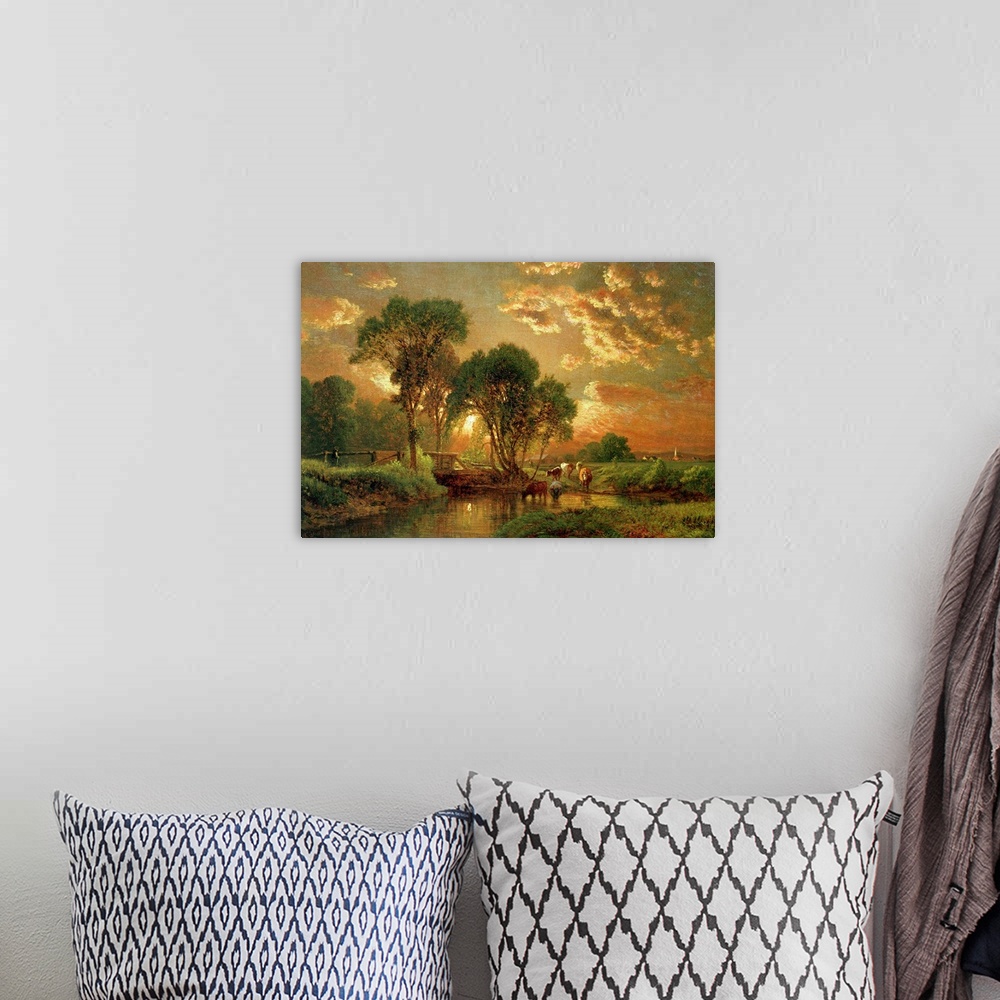 A bohemian room featuring Landscape, classic art painting of cows drinking from a river at sunset, surrounded by trees, ben...