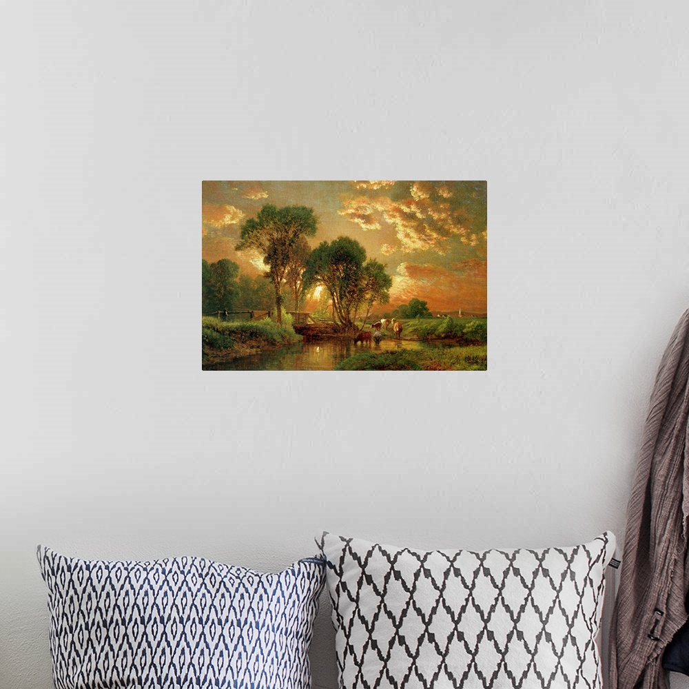A bohemian room featuring Landscape, classic art painting of cows drinking from a river at sunset, surrounded by trees, ben...