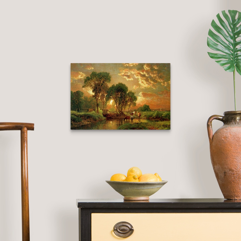 A traditional room featuring Landscape, classic art painting of cows drinking from a river at sunset, surrounded by trees, ben...