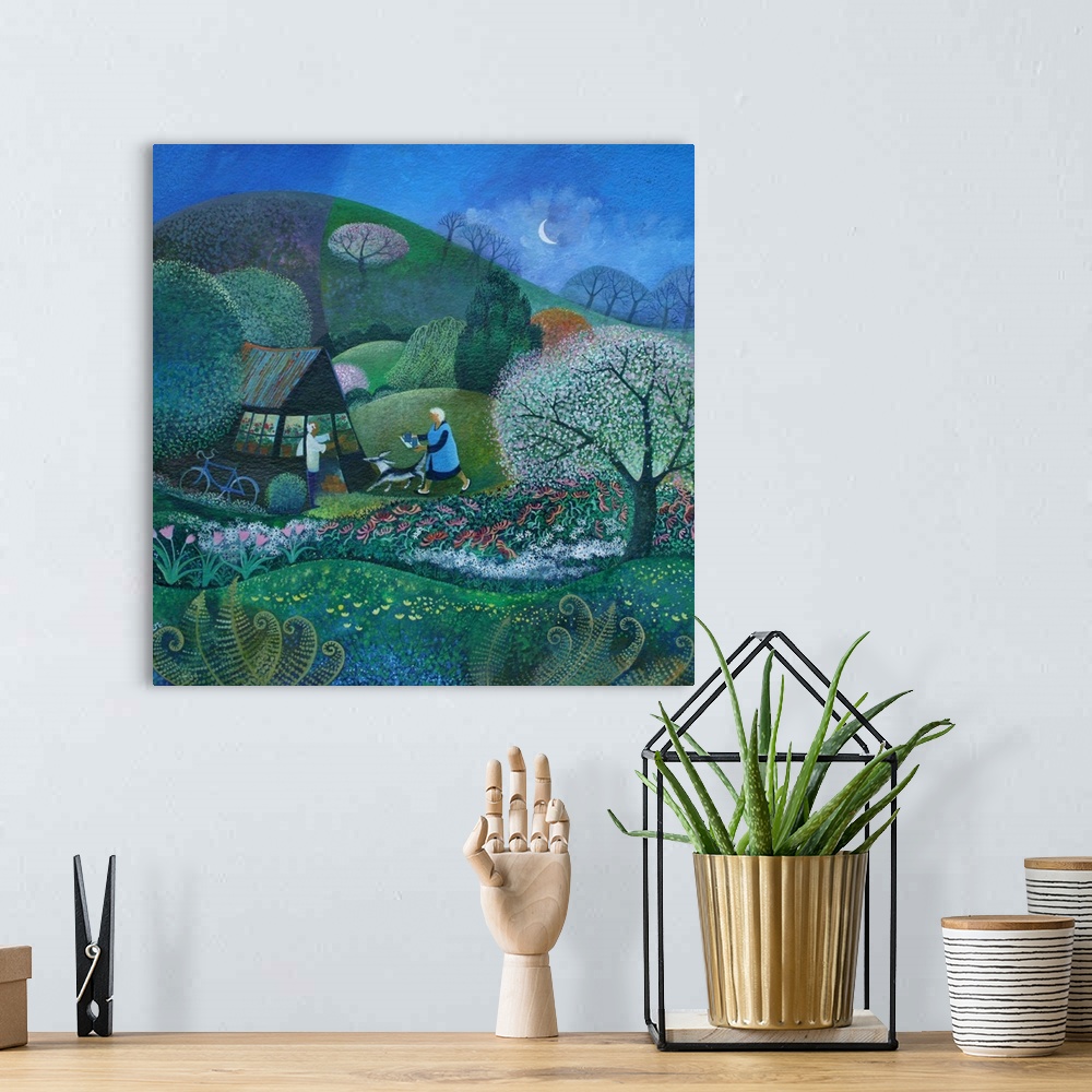 A bohemian room featuring Contemporary painting of a person walking in a garden in the evening.