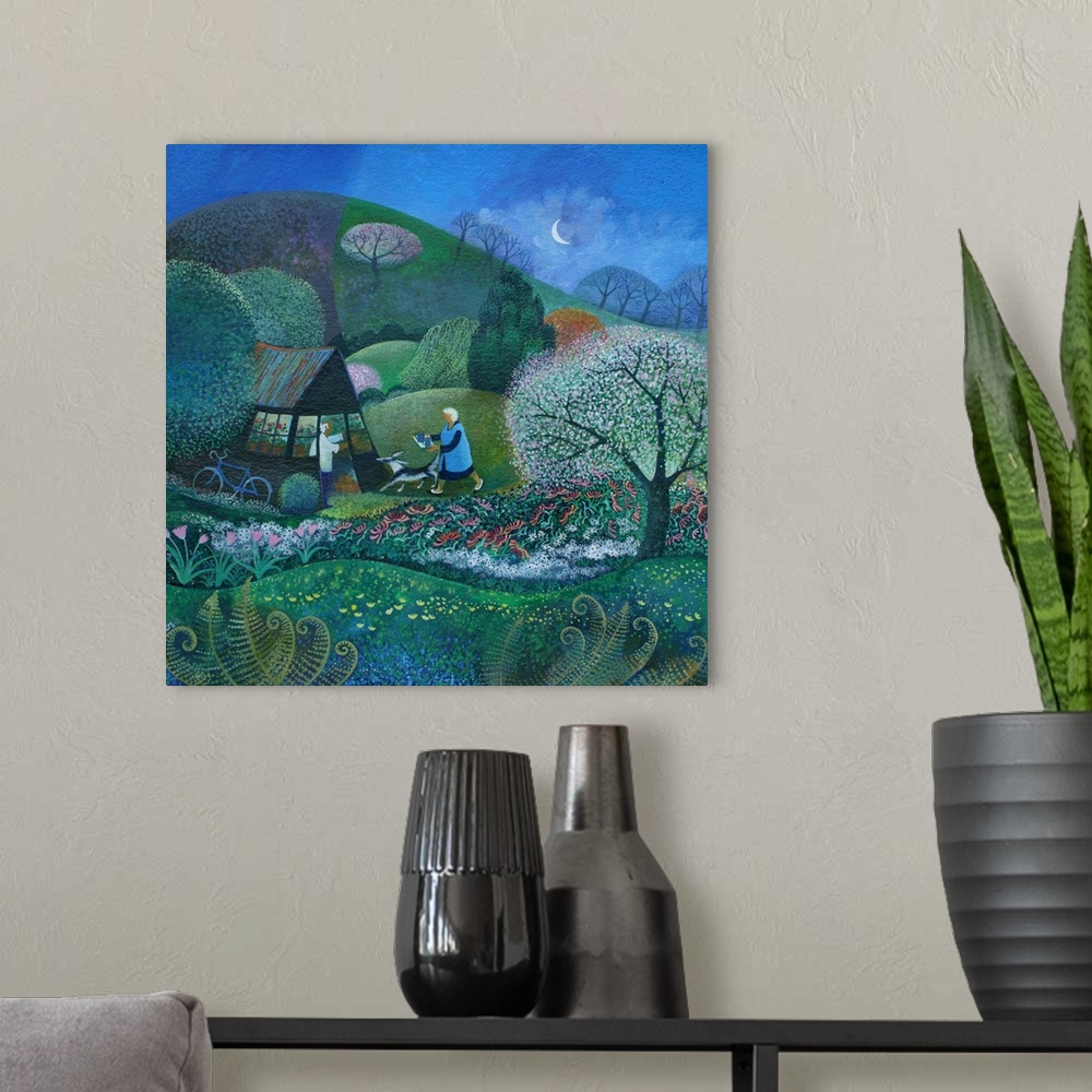 A modern room featuring Contemporary painting of a person walking in a garden in the evening.