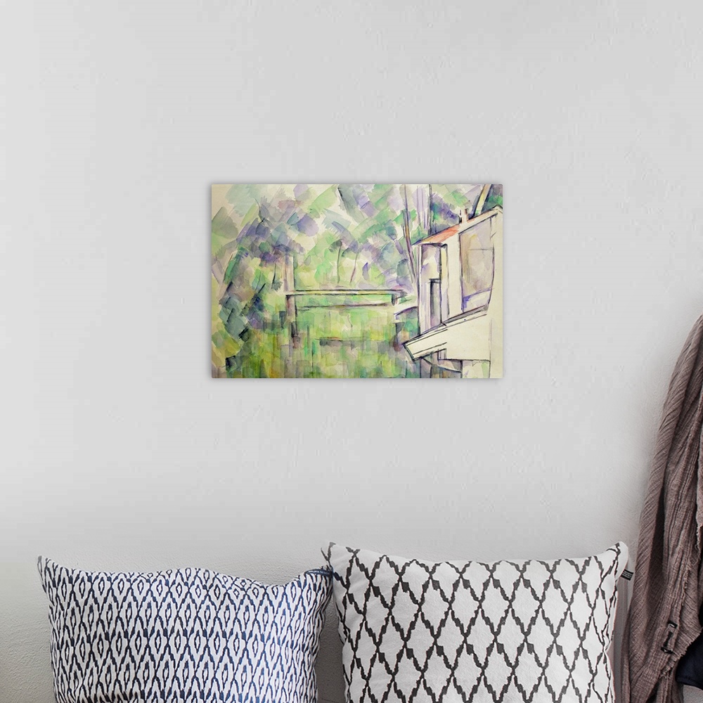 A bohemian room featuring A classic art piece that uses water colors to paint a mill that is surrounded by swatches of cool...