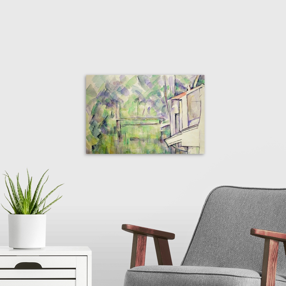 A modern room featuring A classic art piece that uses water colors to paint a mill that is surrounded by swatches of cool...