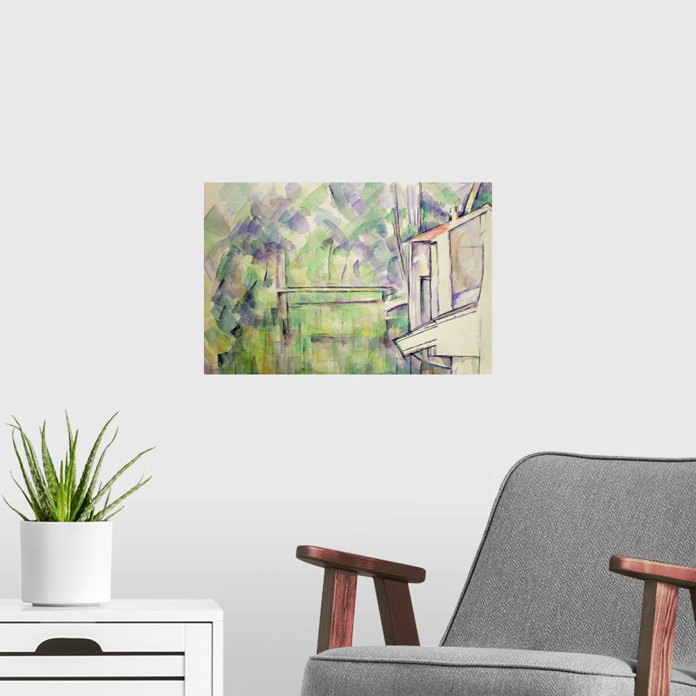 A modern room featuring A classic art piece that uses water colors to paint a mill that is surrounded by swatches of cool...