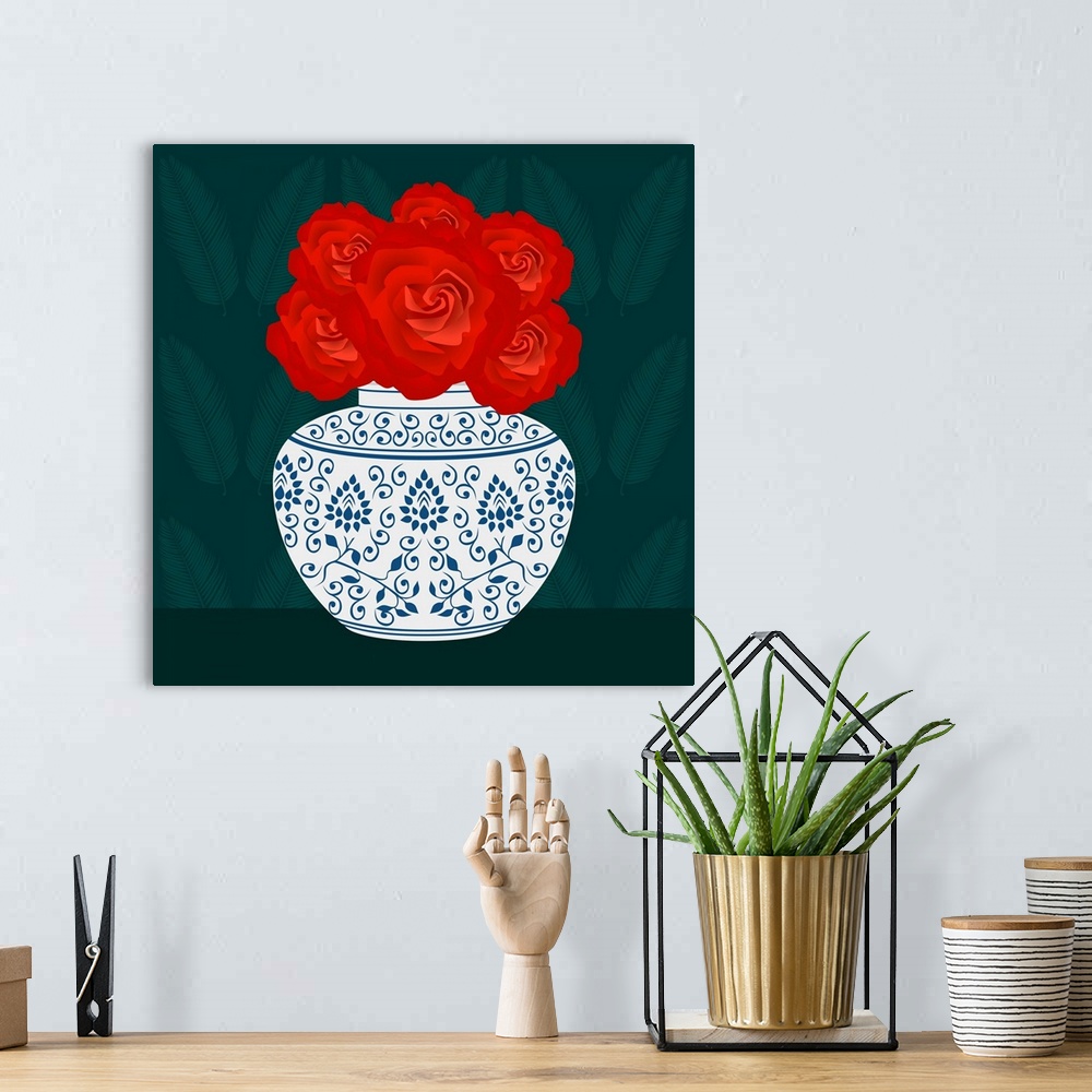 A bohemian room featuring Ming Vase With Roses