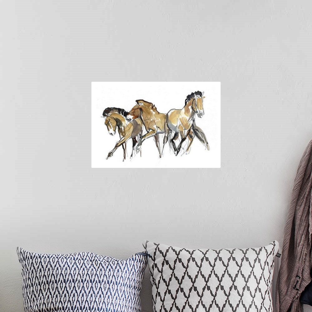 A bohemian room featuring Contemporary artwork of three Mongolian Przewalski horses against a white background.