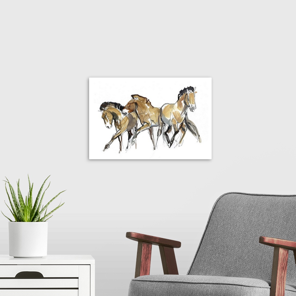 A modern room featuring Contemporary artwork of three Mongolian Przewalski horses against a white background.