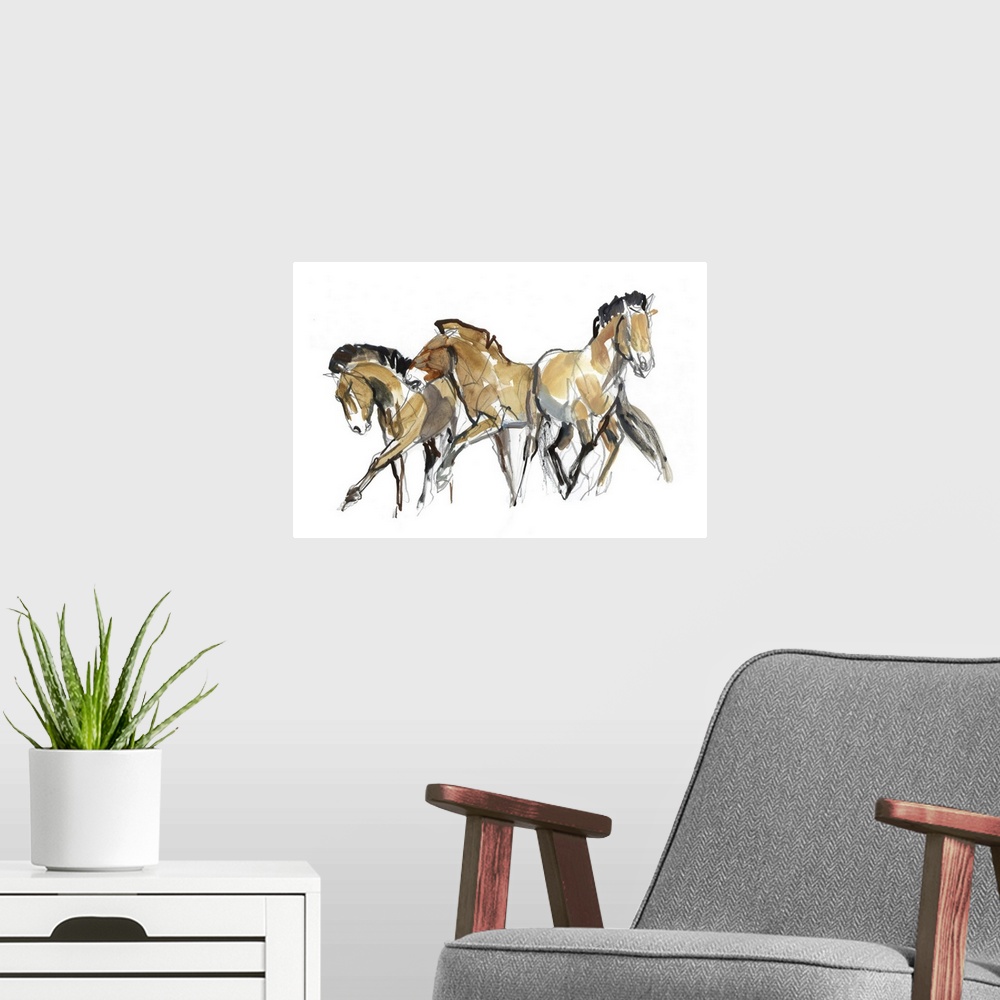 A modern room featuring Contemporary artwork of three Mongolian Przewalski horses against a white background.