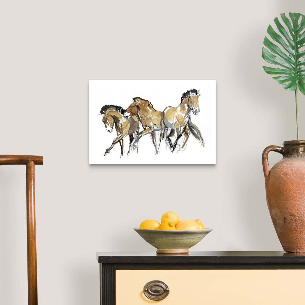 A traditional room featuring Contemporary artwork of three Mongolian Przewalski horses against a white background.