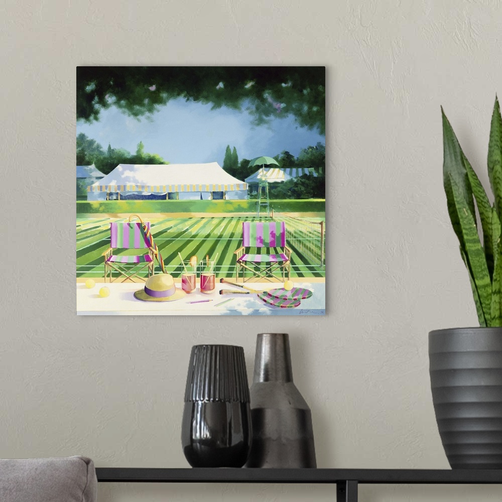 A modern room featuring Contemporary painting of two chairs overlooking a tennis court.