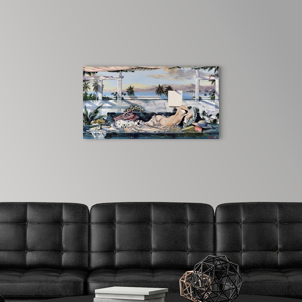 A modern room featuring Contemporary painting of a nude woman reclining by the ocean.