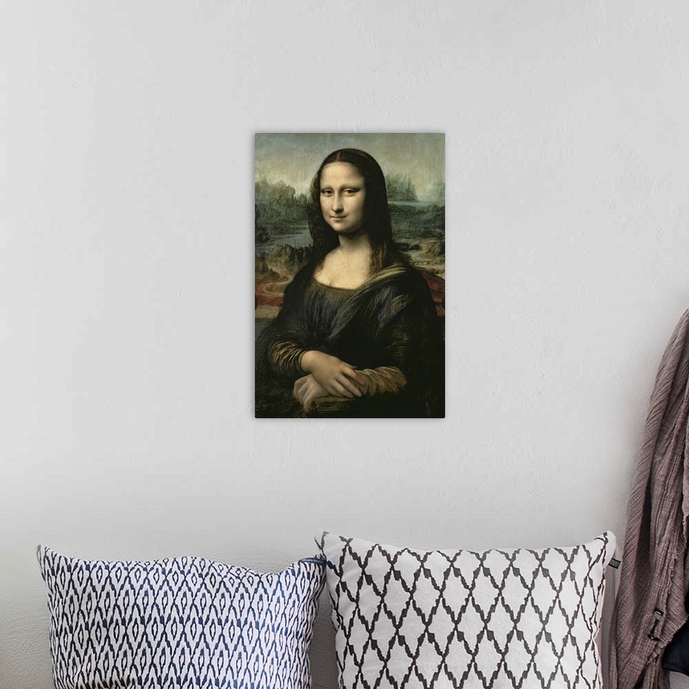 A bohemian room featuring This vertical artwork is a gicloe print of Da Vincios famous painting uncropped and in its entire...