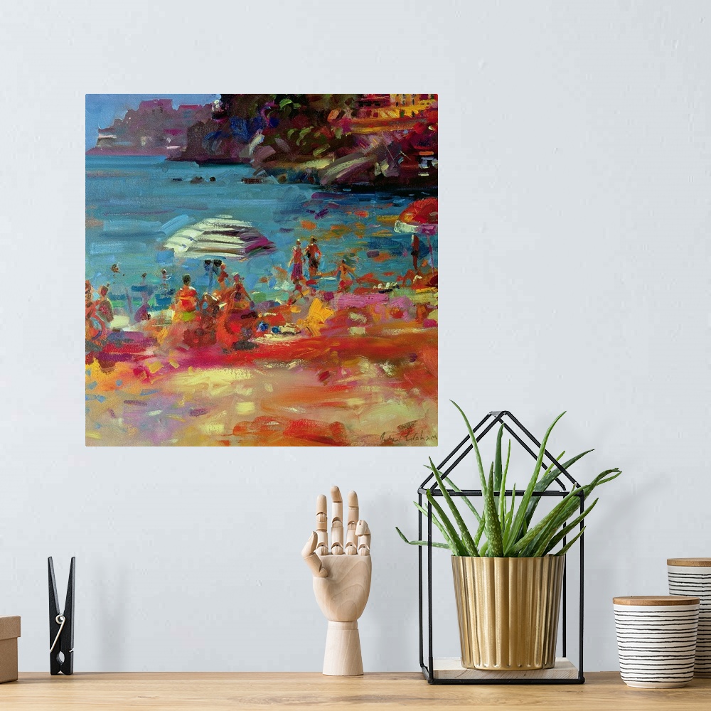 A bohemian room featuring Contemporary artwork of people painted sitting on a beach in front of the water and buildings on ...