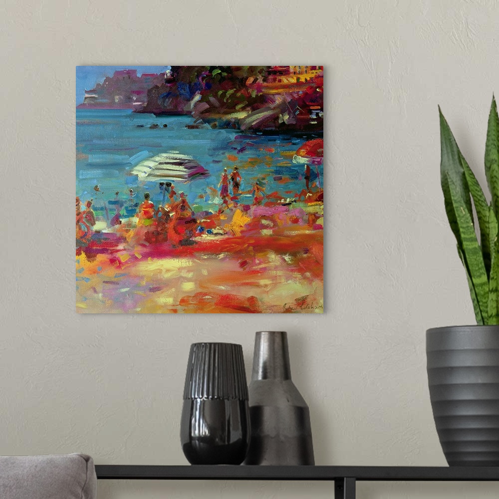 A modern room featuring Contemporary artwork of people painted sitting on a beach in front of the water and buildings on ...