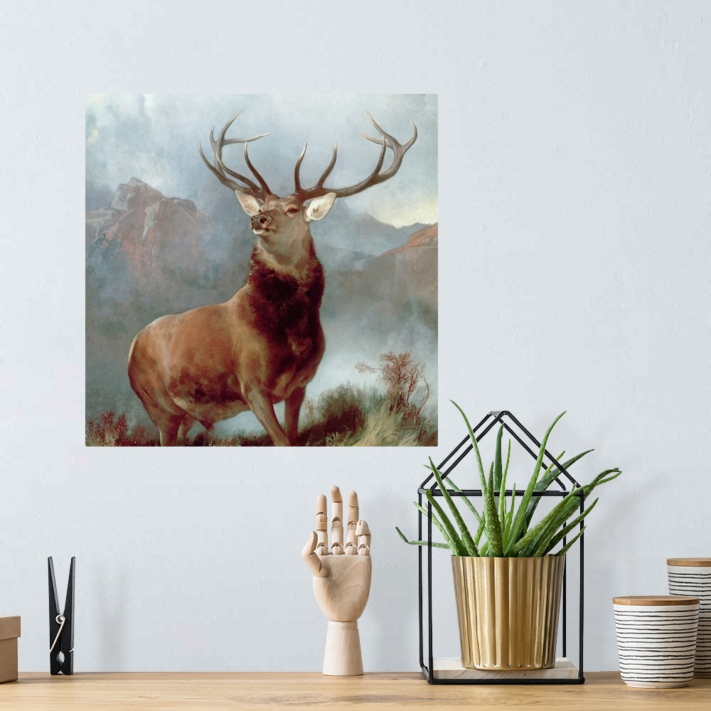 A bohemian room featuring A square, landscape painting of a majestic stag posing in the mountains.