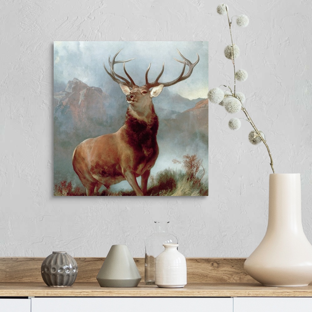 A farmhouse room featuring A square, landscape painting of a majestic stag posing in the mountains.