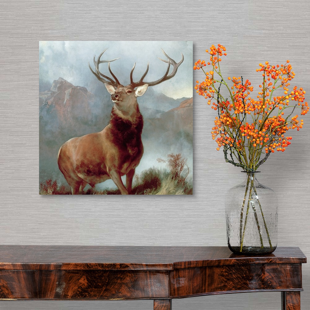 A traditional room featuring A square, landscape painting of a majestic stag posing in the mountains.