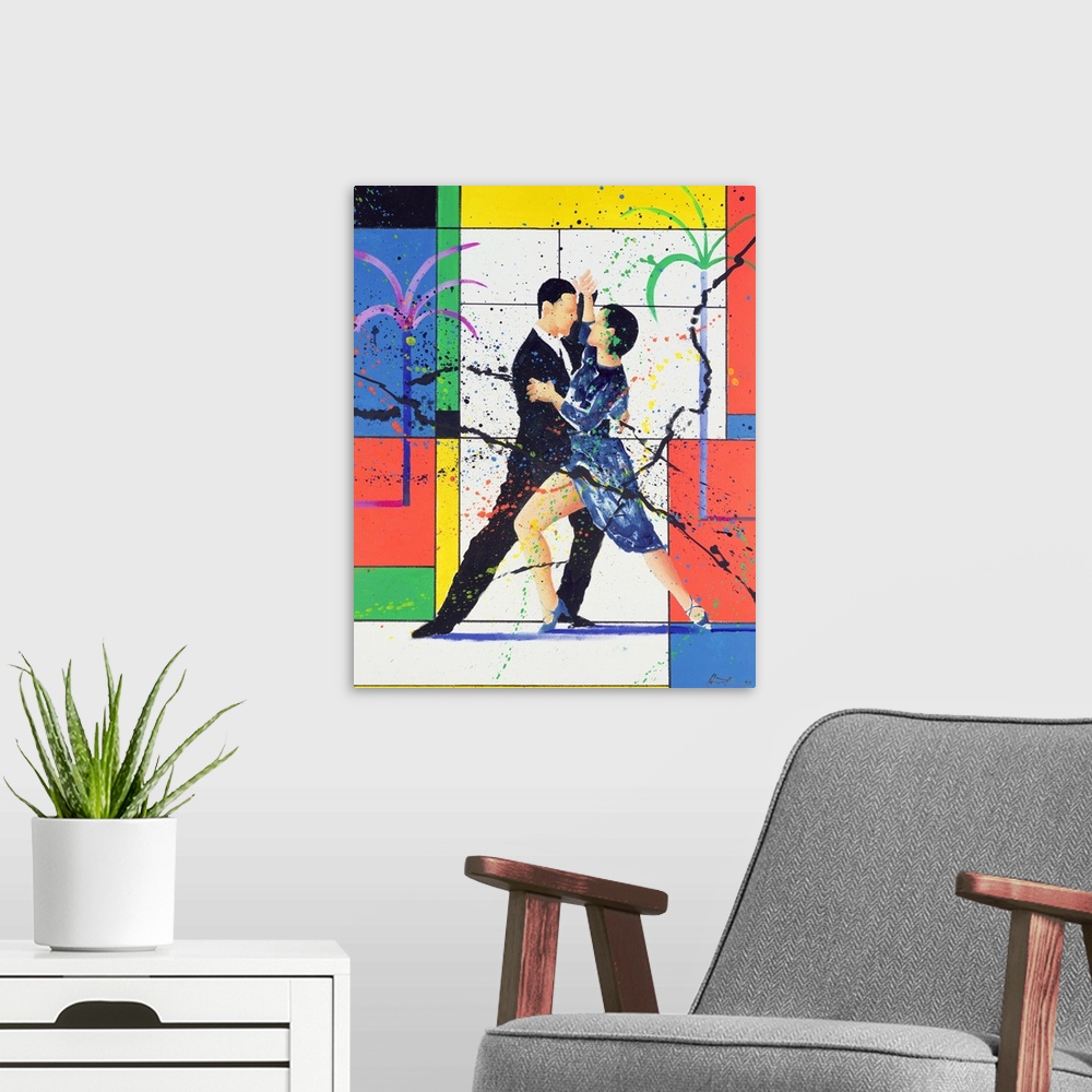 A modern room featuring Contemporary painting of a couple dancing the tango.