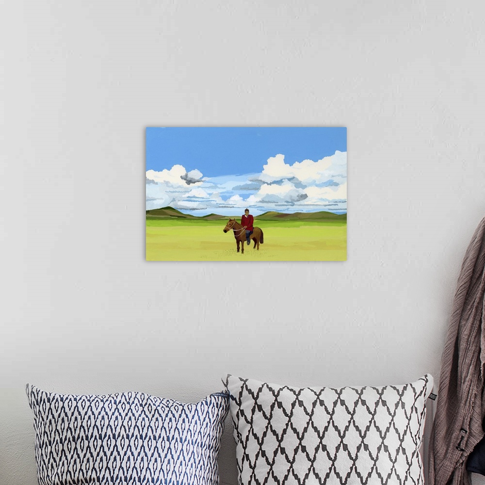A bohemian room featuring Mongolian Steppes And People Riding Horses, 2015